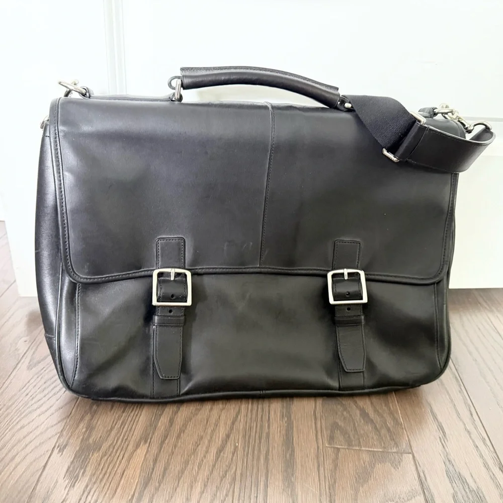 COACH F70666 Lexington Flap Top Black Leather Briefcase/laptop Bag Buckle Detail
